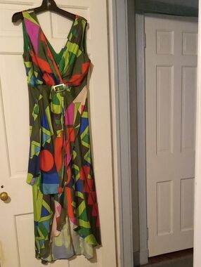 Miarte Geometric Abstract Maxi Dress Size 4 Green Multi-Color Draped High-Low